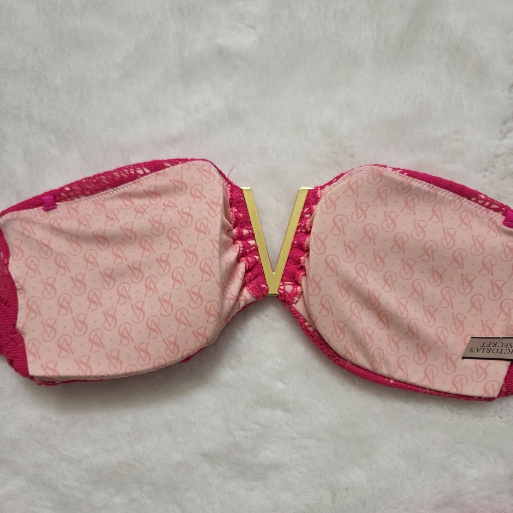 Victoria's Secret Pink Lace Bandeau bikini Top gold Tone V Front Size M - Picture 8 of 8